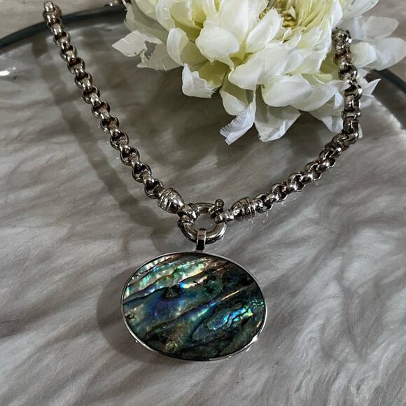 NEW Sterling Silver Large Abalone Shell Pendant Tahitian Peacock Pearl Necklace - Picture 10 of 16